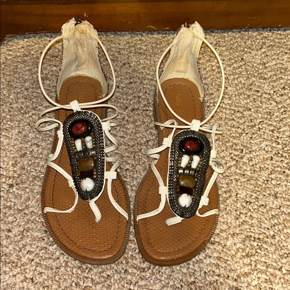 Nine West Elegant Gladiator Beaded Sandals - Cream and Brown